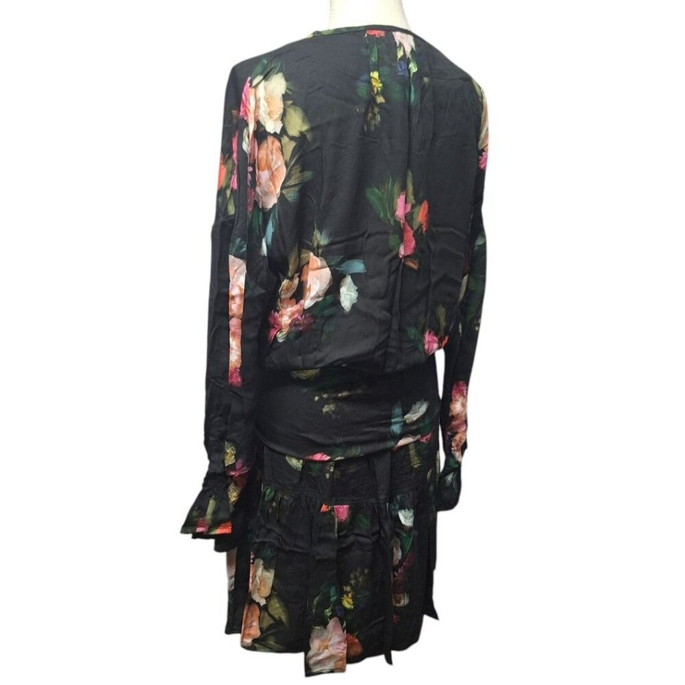 Finley Wrap Belt Dress Black Floral Long Sleeve Lightweight Women Small Tie Wais - Picture 2 of 12